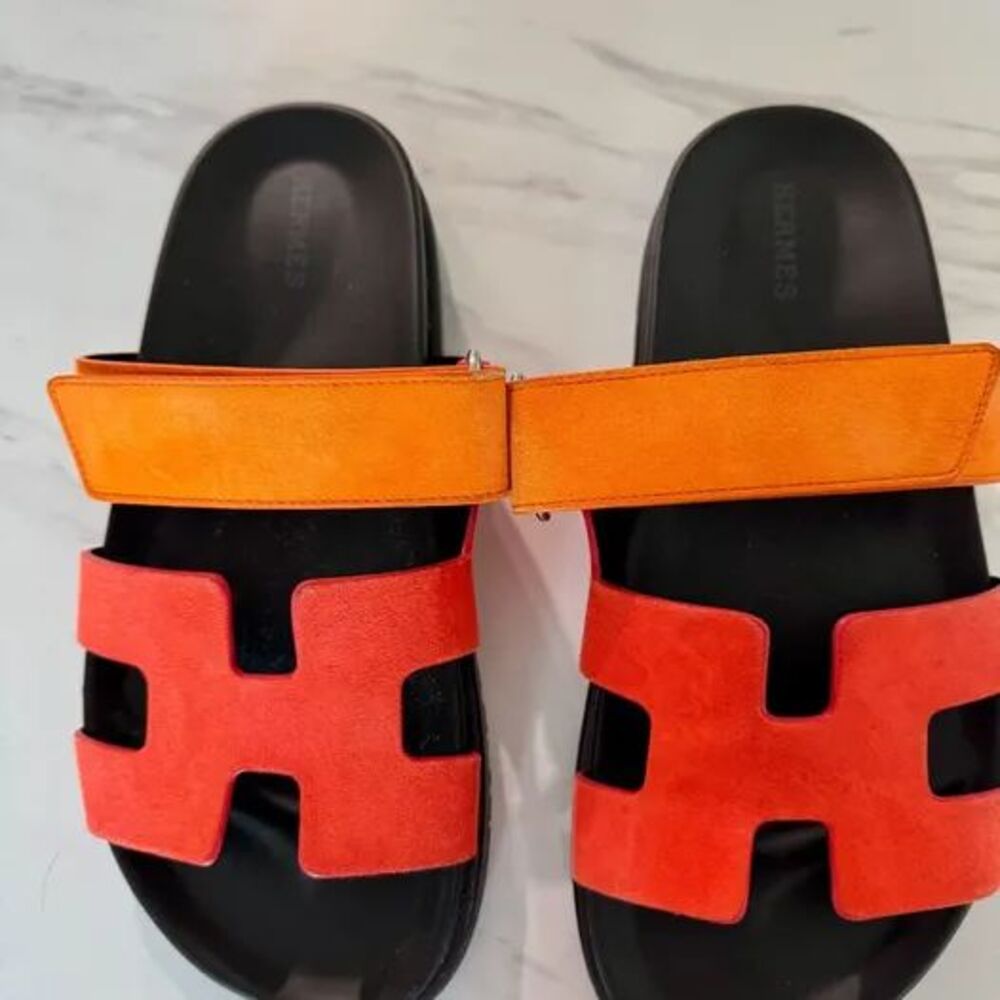 Hermes Chypre Suede Flat Sandals Pink/Orange Size 37